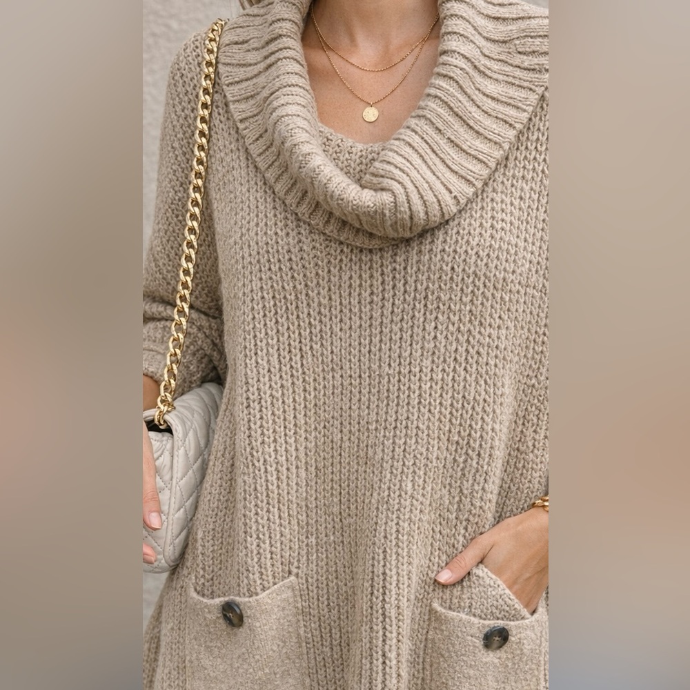 Neiman Marcus Tan Cowl Neck Sweater-Apres Ski Ready